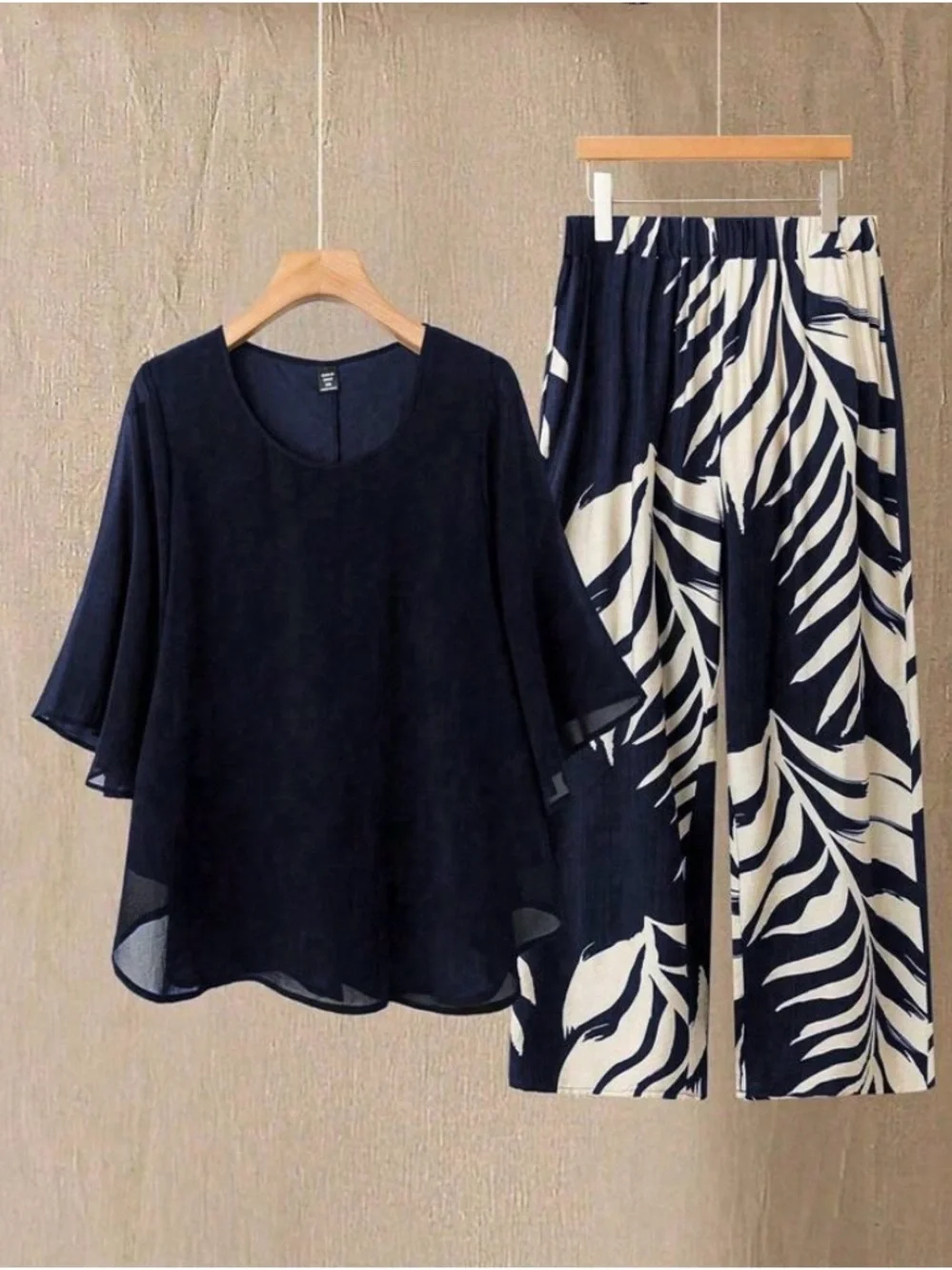 SHEIN Navy Blouse with Navy-and-Cream Leaf Print Wide-Leg Pants - Picture 1 of 7